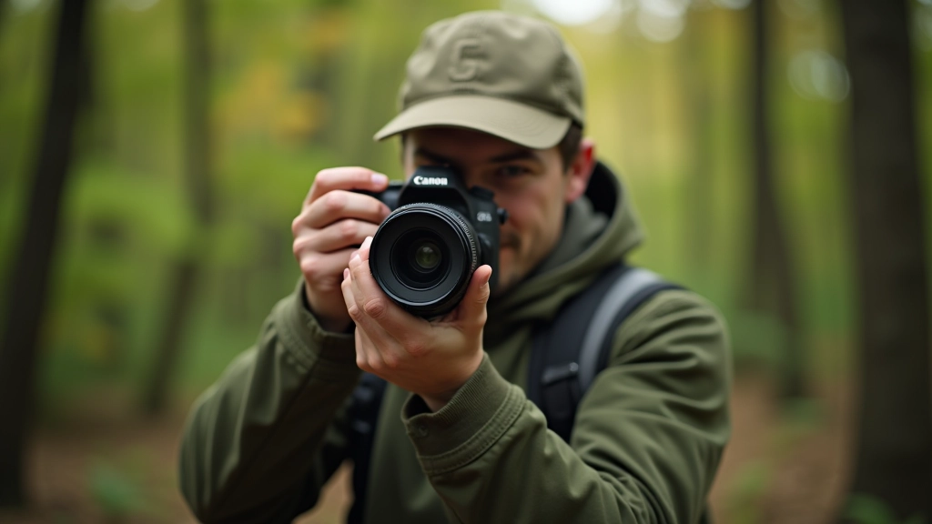 Fotograugas su fotoaparatu gamtoje fotografuojantis gamtos vaizdus ir paukščius
