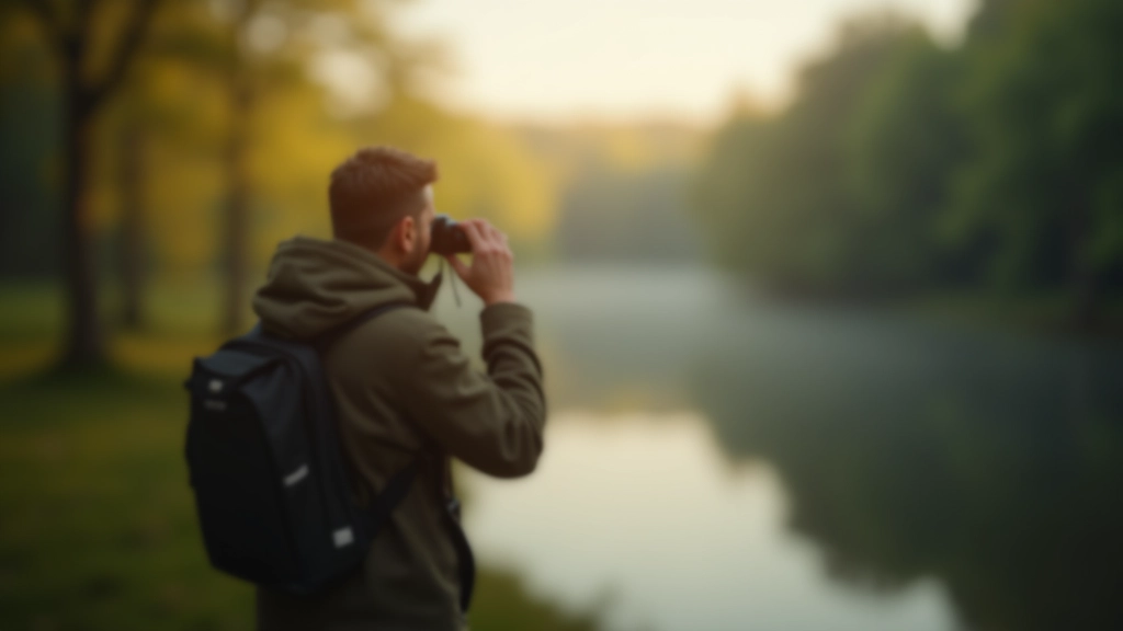 Žmogus su binokliu paukščių stebėjimui stovi miške šalia ežero